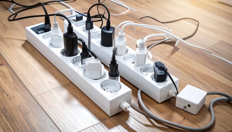 Power strips placed on a wooden floor, filled with various black and white plugs. Several cords and cables are tangled, extending in different directions. The strips are rectangular and white with multiple sockets. A small power indicator is visible on one strip. The setting suggests a busy or cluttered workspace or living area, potentially posing an electrical safety concern due to the number of devices and cord arrangement. Expansion power boards overloaded with outlets on wooden floor. Al Generated. Overloaded vehicle illustrations