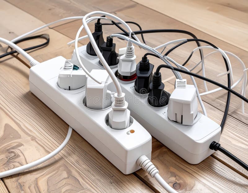 Power strips placed on a wooden floor, filled with various black and white plugs. Several cords and cables are tangled, extending in different directions. The strips are rectangular and white with multiple sockets. A small power indicator is visible on one strip. The setting suggests a busy or cluttered workspace or living area, potentially posing an electrical safety concern due to the number of devices and cord arrangement. Expansion power boards overloaded with outlets on wooden floor. Al Generated. Overloaded vehicle illustrations