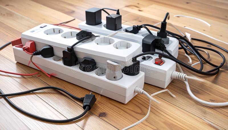 Power strips placed on a wooden floor, filled with various black and white plugs. Several cords and cables are tangled, extending in different directions. The strips are rectangular and white with multiple sockets. A small power indicator is visible on one strip. The setting suggests a busy or cluttered workspace or living area, potentially posing an electrical safety concern due to the number of devices and cord arrangement. Expansion power boards overloaded with outlets on wooden floor. Al Generated. Overloaded vehicle illustrations
