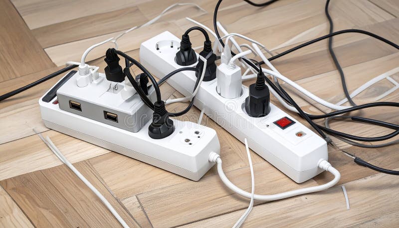 Power strips placed on a wooden floor, filled with various black and white plugs. Several cords and cables are tangled, extending in different directions. The strips are rectangular and white with multiple sockets. A small power indicator is visible on one strip. The setting suggests a busy or cluttered workspace or living area, potentially posing an electrical safety concern due to the number of devices and cord arrangement. Expansion power boards overloaded with outlets on wooden floor. Al Generated. Overloaded vehicle illustrations