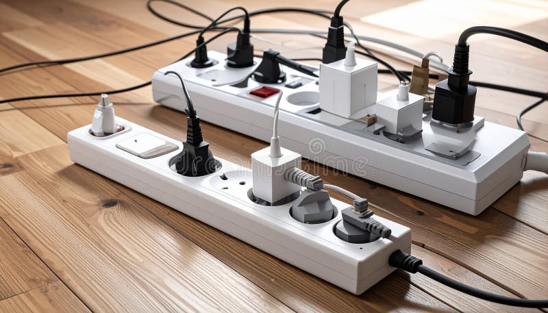 Power strips placed on a wooden floor, filled with various black and white plugs. Several cords and cables are tangled, extending in different directions. The strips are rectangular and white with multiple sockets. A small power indicator is visible on one strip. The setting suggests a busy or cluttered workspace or living area, potentially posing an electrical safety concern due to the number of devices and cord arrangement. Expansion power boards overloaded with outlets on wooden floor. Al Generated. Overloaded vehicle illustrations