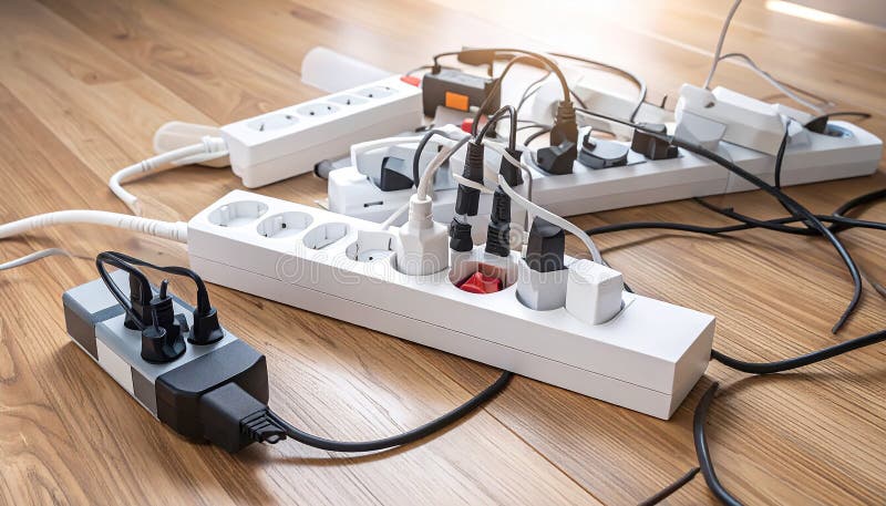 Power strips placed on a wooden floor, filled with various black and white plugs. Several cords and cables are tangled, extending in different directions. The strips are rectangular and white with multiple sockets. A small power indicator is visible on one strip. The setting suggests a busy or cluttered workspace or living area, potentially posing an electrical safety concern due to the number of devices and cord arrangement. Expansion power boards overloaded with outlets on wooden floor. Al Generated. Overloaded vehicle illustrations