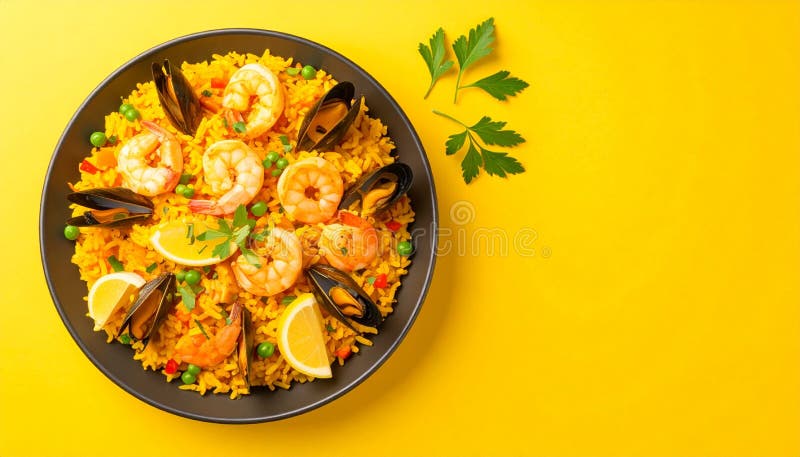 Generated using AI. A black plate presents a vibrant seafood paella, featuring saffron-infused yellow rice mixed with shrimp stock illustration