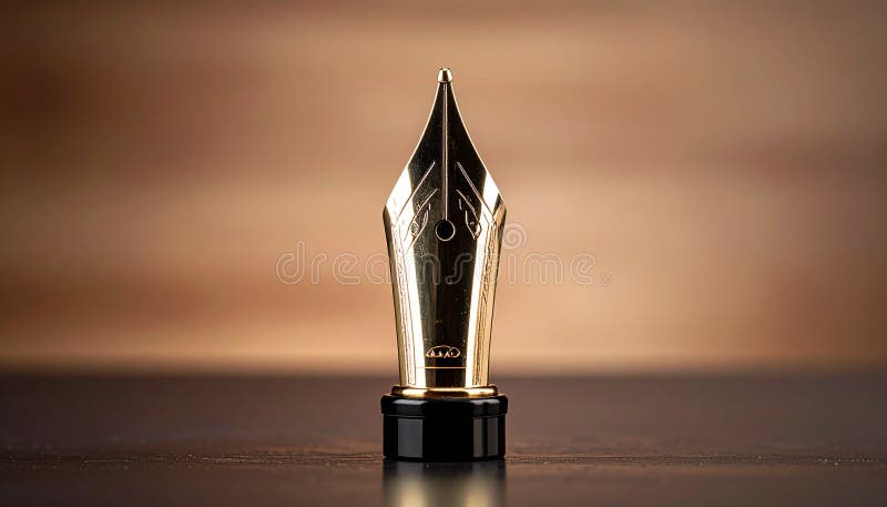 A close-up of a gold fountain pen nib, standing upright on a glossy black base. The nib features fine engravings and a small breather hole near the center. The background is a soft, out-of-focus gradient of browns, creating a warm and elegant backdrop. The lighting highlights the nib's metallic sheen and precise craftsmanship. Pen standing illustrations