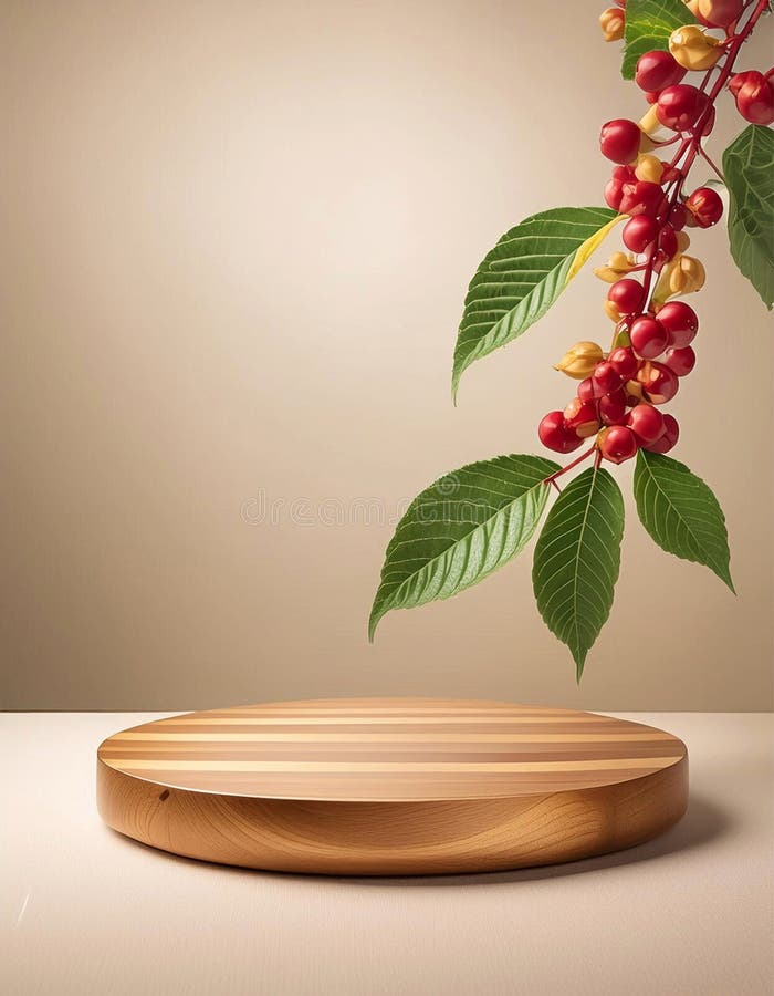 Gold-toned cylindrical vases hold a branch with glossy green leaves and clusters of red berries, resembling Ilex species. The setting includes a round, gold decorative platform against a beige background, creating a minimalist, elegant composition. Elegant round display stand illustrations