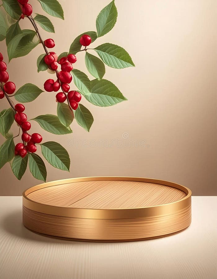 Gold-toned cylindrical vases hold a branch with glossy green leaves and clusters of red berries, resembling Ilex species. The setting includes a round, gold decorative platform against a beige background, creating a minimalist, elegant composition. Elegant round display stand illustrations