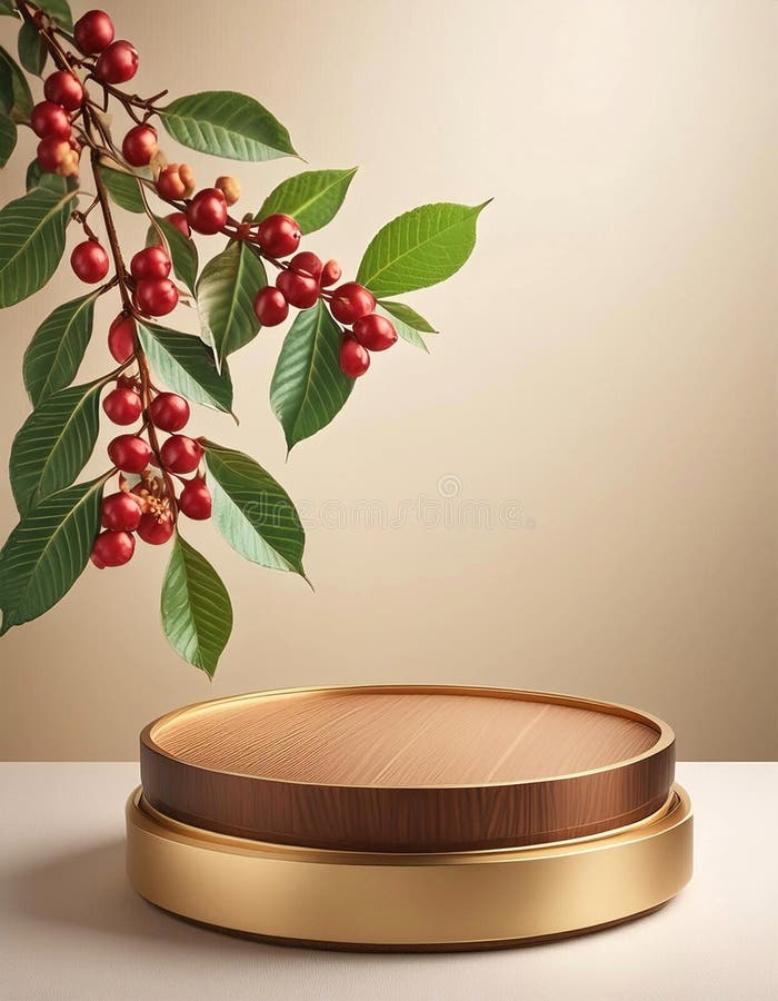 Gold-toned cylindrical vases hold a branch with glossy green leaves and clusters of red berries, resembling Ilex species. The setting includes a round, gold decorative platform against a beige background, creating a minimalist, elegant composition. Elegant round display stand illustrations