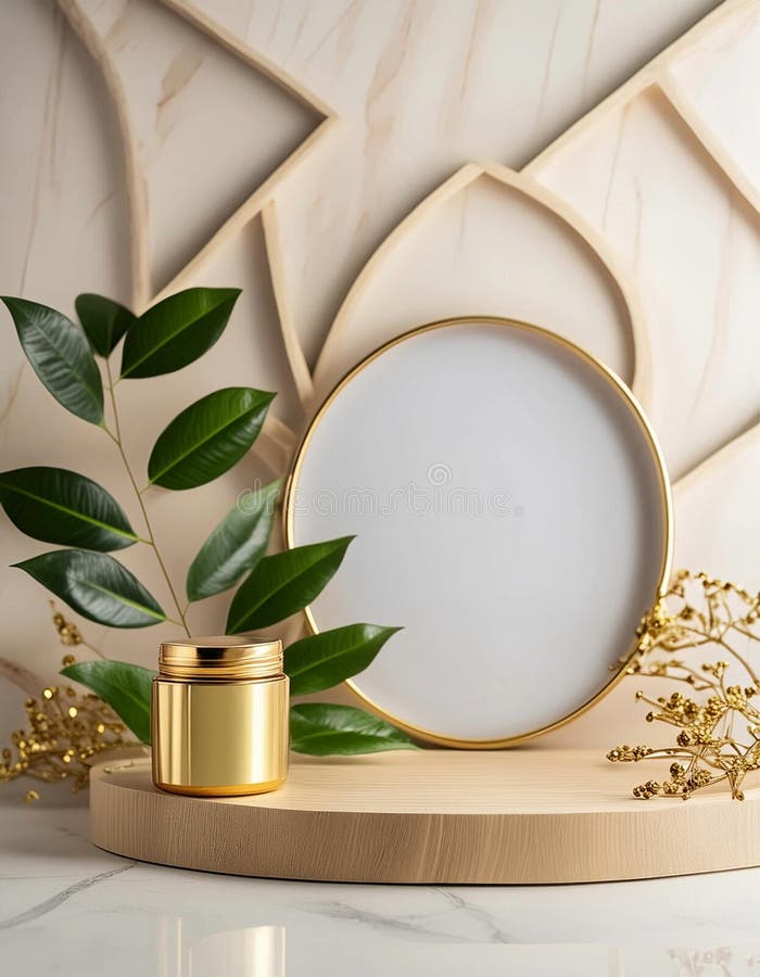 Gold-toned cylindrical vases hold a branch with glossy green leaves and clusters of red berries, resembling Ilex species. The setting includes a round, gold decorative platform against a beige background, creating a minimalist, elegant composition. Elegant round display stand illustrations