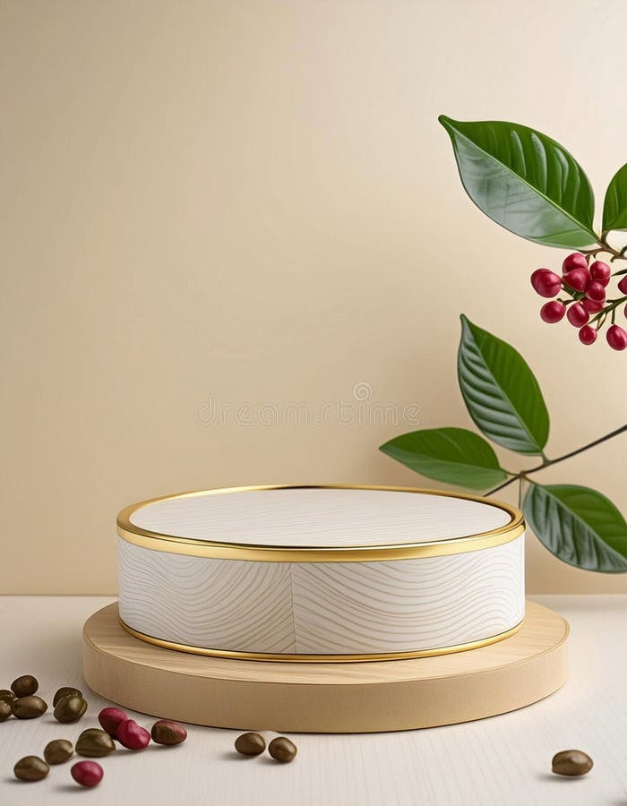Gold-toned cylindrical vases hold a branch with glossy green leaves and clusters of red berries, resembling Ilex species. The setting includes a round, gold decorative platform against a beige background, creating a minimalist, elegant composition. Elegant round display stand illustrations