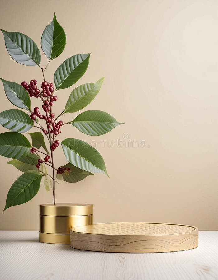 Gold-toned cylindrical vases hold a branch with glossy green leaves and clusters of red berries, resembling Ilex species. The setting includes a round, gold decorative platform against a beige background, creating a minimalist, elegant composition. Elegant round display stand illustrations