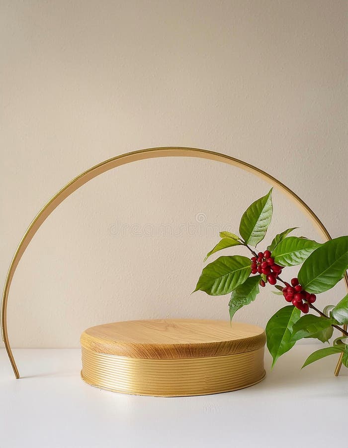 Gold-toned cylindrical vases hold a branch with glossy green leaves and clusters of red berries, resembling Ilex species. The setting includes a round, gold decorative platform against a beige background, creating a minimalist, elegant composition. Elegant round display stand illustrations