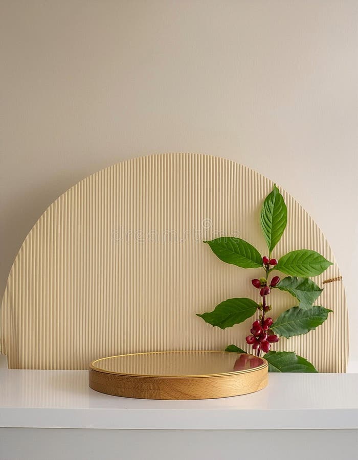 Gold-toned cylindrical vases hold a branch with glossy green leaves and clusters of red berries, resembling Ilex species. The setting includes a round, gold decorative platform against a beige background, creating a minimalist, elegant composition. Elegant round display stand illustrations