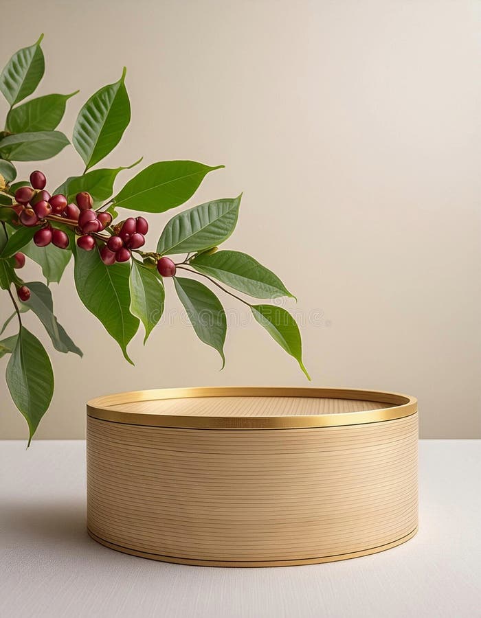Gold-toned cylindrical vases hold a branch with glossy green leaves and clusters of red berries, resembling Ilex species. The setting includes a round, gold decorative platform against a beige background, creating a minimalist, elegant composition. Elegant round display stand illustrations
