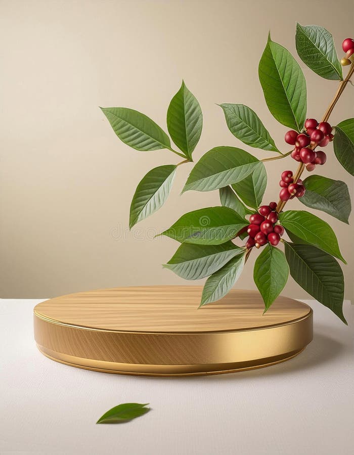 Gold-toned cylindrical vases hold a branch with glossy green leaves and clusters of red berries, resembling Ilex species. The setting includes a round, gold decorative platform against a beige background, creating a minimalist, elegant composition. Elegant round display stand illustrations