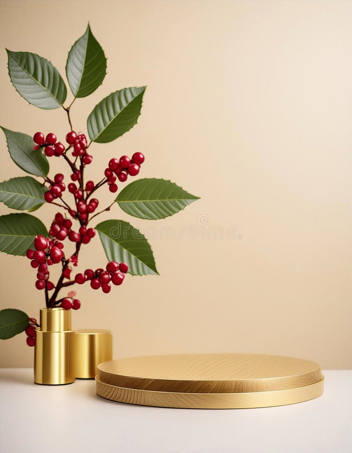 Gold-toned cylindrical vases hold a branch with glossy green leaves and clusters of red berries, resembling Ilex species. The setting includes a round, gold decorative platform against a beige background, creating a minimalist, elegant composition. Elegant round display stand illustrations