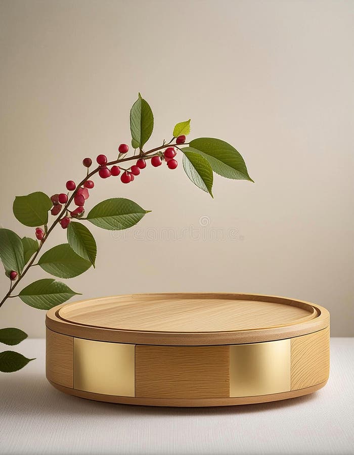 Gold-toned cylindrical vases hold a branch with glossy green leaves and clusters of red berries, resembling Ilex species. The setting includes a round, gold decorative platform against a beige background, creating a minimalist, elegant composition. Elegant round display stand illustrations