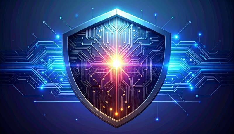 A digital shield with a circuit board design symbolizes cybersecurity. A bright light emanates from the center, illuminating the intricate pathways of the circuit. The shield is prominently placed against a dark blue background with interconnected lines and glowing nodes, representing a network. The design evokes themes of protection and digital security, emphasizing the safeguarding of information in the technological realm. Night safeguarding illustrations