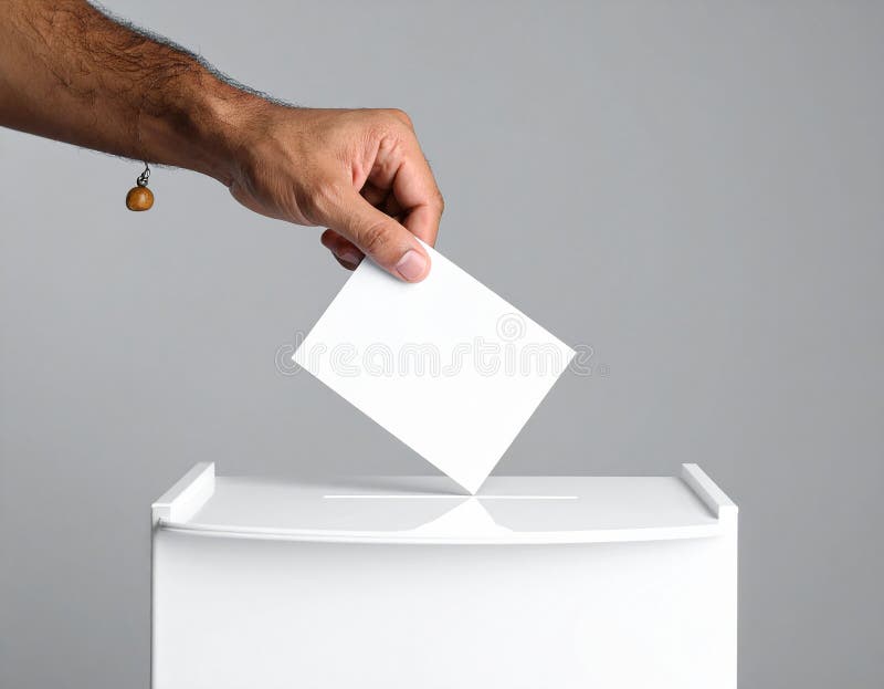 A man is depositing a white paper ballot into a white ballot box. He is wearing a light blue shirt and a white undershirt. The background is plain and light-colored, emphasizing the action of voting. The scene symbolizes participation in an electoral process. Man putting his vote into ballot box on light grey background, closeup. Al Generated. Electoral paper illustrations