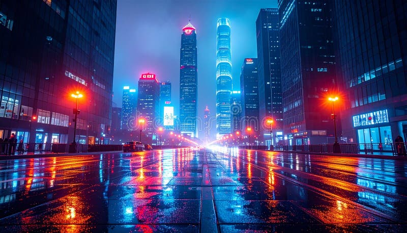Futuristic neon city skyline with glowing skyscrapers and rainy reflection
