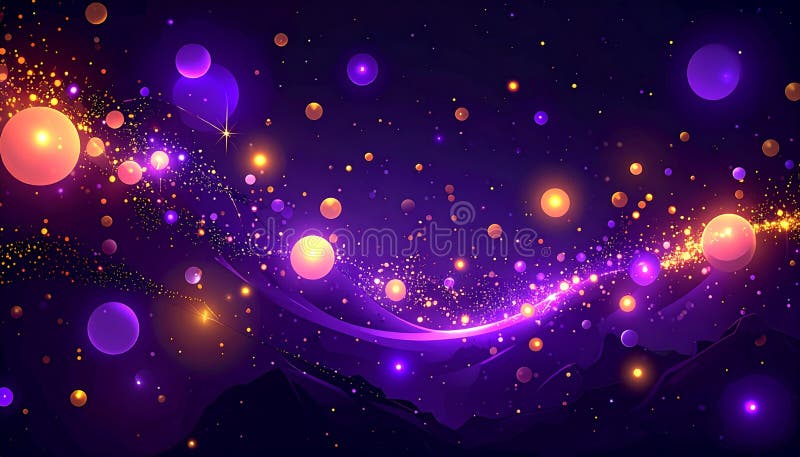 A stunning and vibrant abstract background featuring a dynamic stream of glowing particles and celestial orbs. Luminous shades of purple, pink, orange, and gold create a magical, ethereal glow against a deep, dark cosmic backdrop. This futuristic and enchanting illustration evokes concepts of space, galaxies, energy, technology, and celebration. It's an ideal visual for sci-fi themes, digital art, website banners, event posters, or any design needing a touch of cosmic wonder and energy. Beautiful cosmic visual illustrations