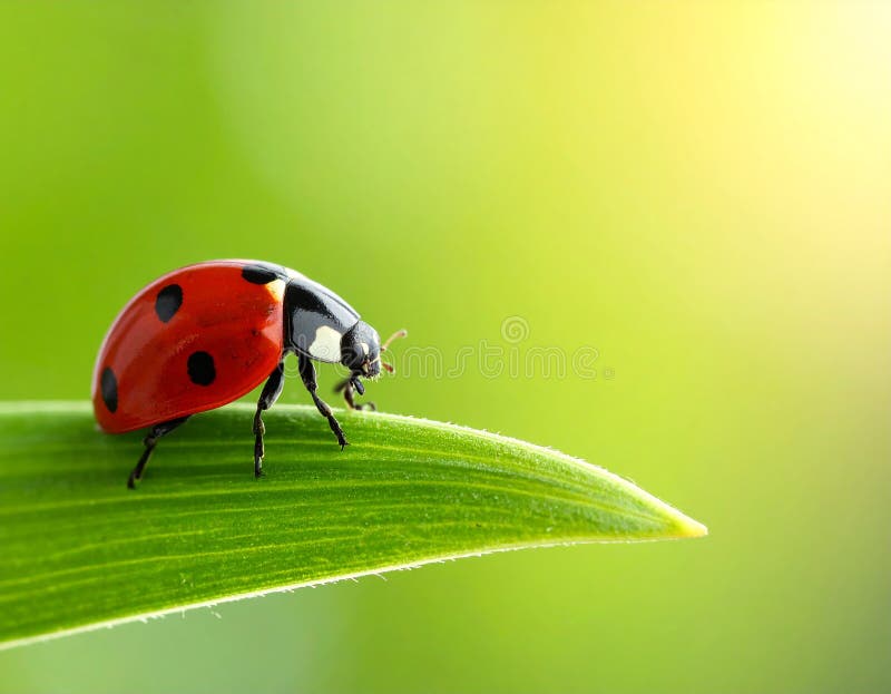 Ladybug on green leaf against blurred background, macro view. Space for text 5 stock illustration