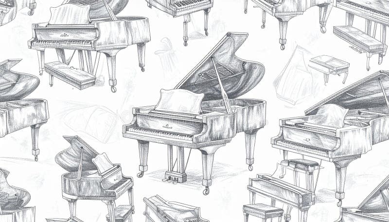 Detailed Pencil Drawings of Grand Pianos vector illustration