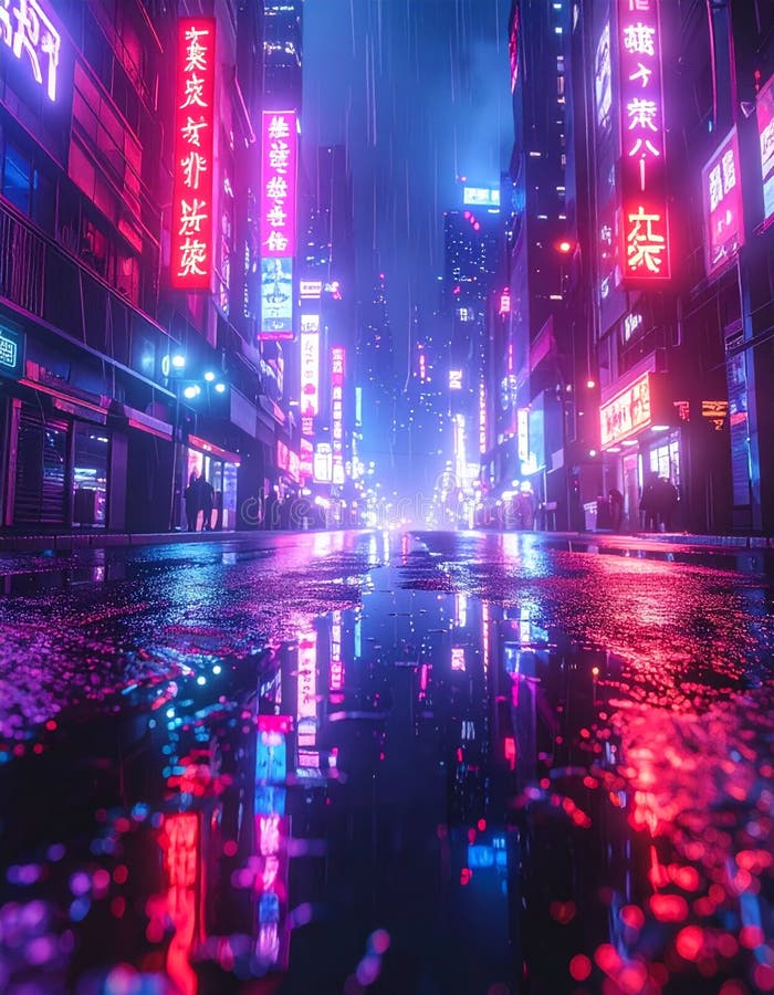 A stunning low-angle view of a futuristic city street drenched in a downpour at night. Vibrant pink, purple, and blue neon signs with Asian characters illuminate the scene, casting long, shimmering reflections on the wet asphalt. The moody, cyberpunk atmosphere is enhanced by the rain and distant city haze. Silhouettes of people walk along the sidewalks, adding a sense of life to the high-tech, dystopian metropolis. This image is perfect for sci-fi book covers, album art, gaming backgrounds, or any project needing a futuristic, atmospheric visual. Modern chinese metropolis illustrations