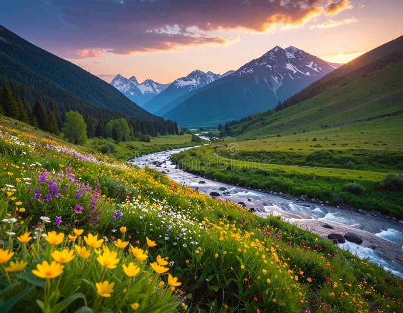Mountain Meadow at Sunrise with a Flowing River royalty free illustration