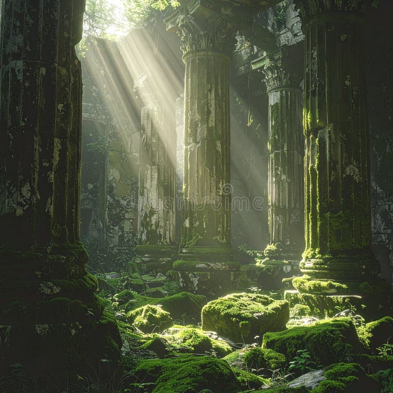 Sunbeams Illuminating Moss-Covered Ancient Ruins