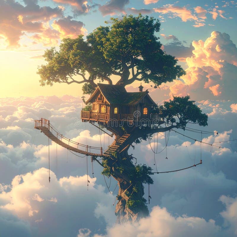 Magical Treehouse Above the Clouds at Sunset