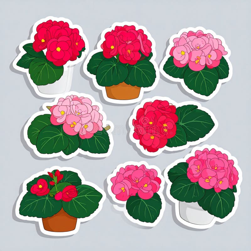 Colorful Potted Begonia Flower Sticker Set Illustration