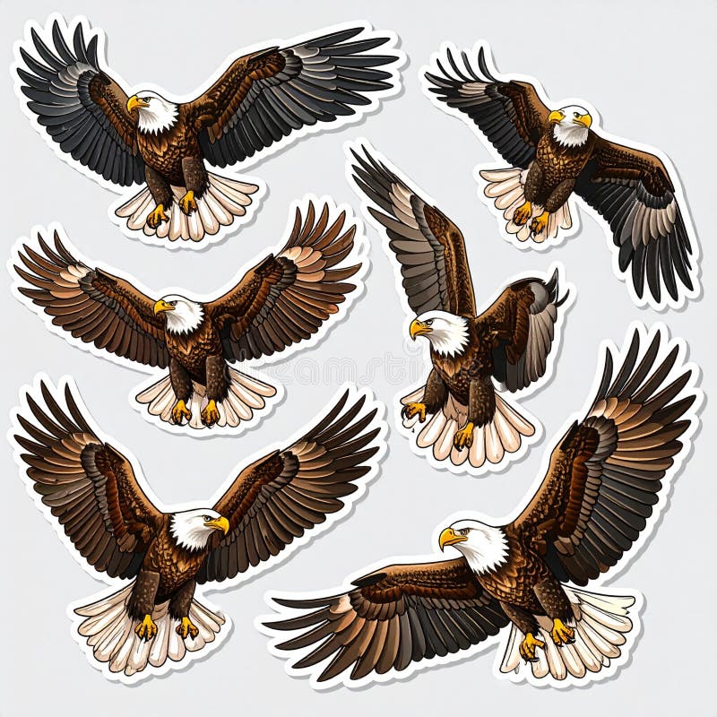 Collection of Bald Eagles in Flight: Stickers and Design Elements