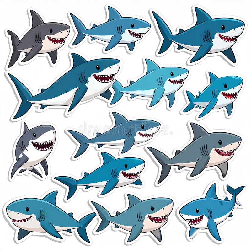 A vibrant and playful illustration featuring a collection of cartoon sharks in various poses and colors. The sharks have friendly expressions with visible teeth, and are designed as stickers with a white border. This image is perfect for children's books, educational materials, website graphics, or any project requiring a fun and engaging sea creature theme. Sharks border art illustrations