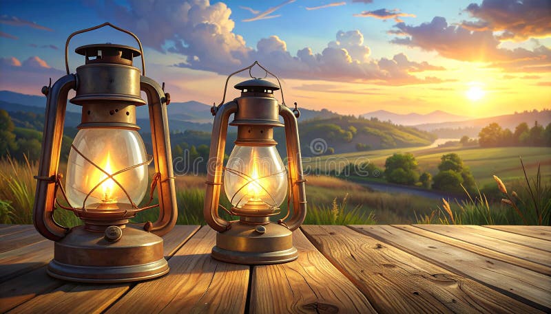 Two antique oil lanterns with glass enclosures and metal frames sit on a wooden surface. vector illustration