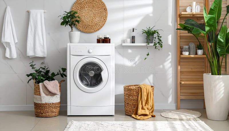 Bright, modern laundry room with a white front-loading washing machine. stock illustration