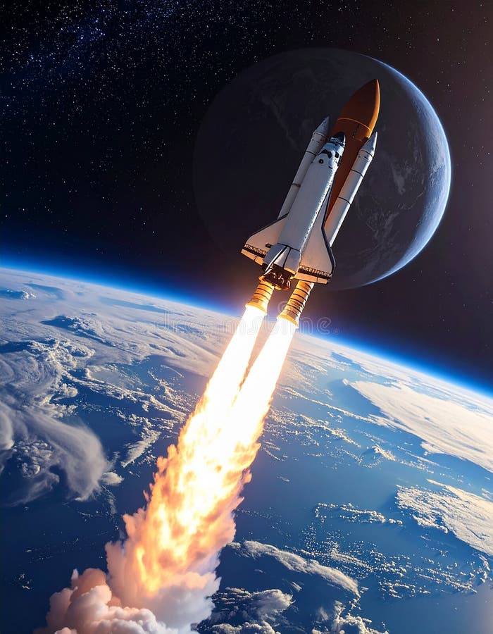 Space shuttle launching into orbit above Earth. The shuttle is emitting bright flames from its engines, with Earth's curvature and cloud formations visible below. The dark expanse of space surrounds the scene, and the Moon is visible in the distance. Sunlight creates a lens flare effect, adding a dramatic touch. The shuttle is depicted with its characteristic white and black exterior and twin boosters, capturing a classic representation of space exploration. Rocket in space orbiting the planet, banner design. Al Generated. Twin planet illustrations