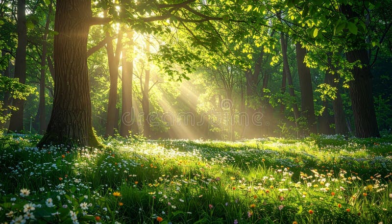 Sunlight streams through a lush, green forest, illuminating the scene with warm rays.