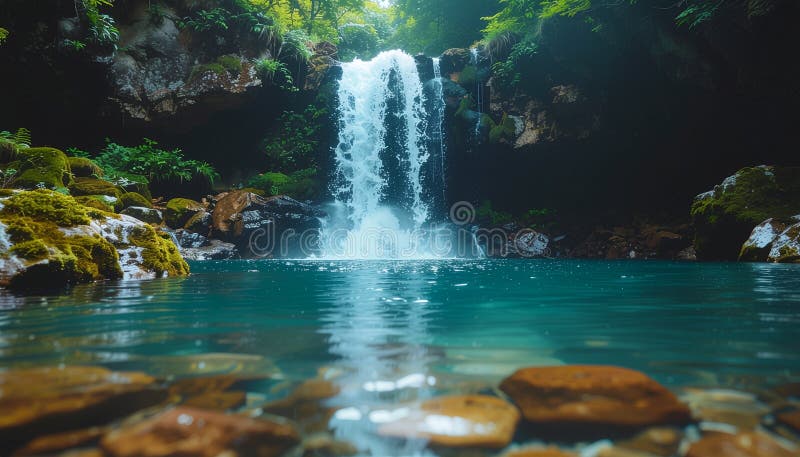 A serene waterfall cascades into a clear, blue pool surrounded by lush vegetation. Moss-covered rocks border the water's edge, blending with ferns and foliage. Sunlight filters through the trees, creating a peaceful ambiance. The image captures the pristine beauty of nature, highlighting vibrant greens and deep blues, with the waterfall as the central focal point, creating a tranquil setting. Fountain waterfall clear stock images, royalty-free photos and pictures