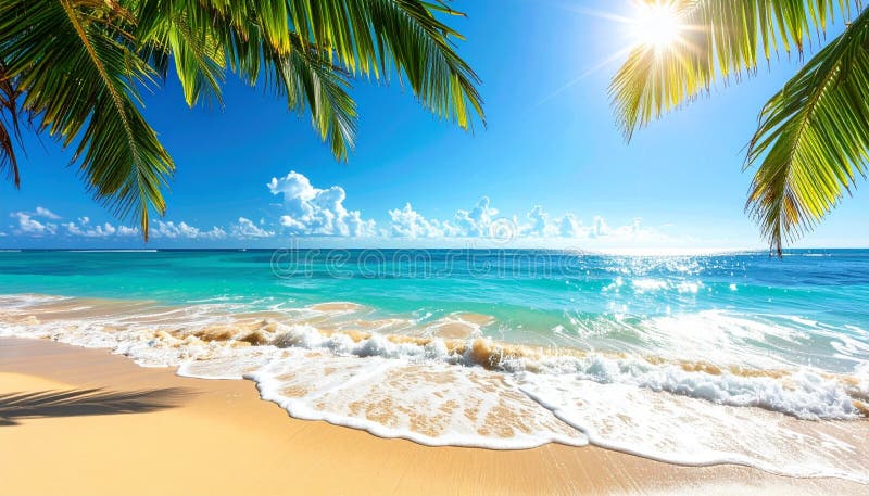 Tropical Beach with Palm Trees and Clear Blue Ocean under Sunny Sky