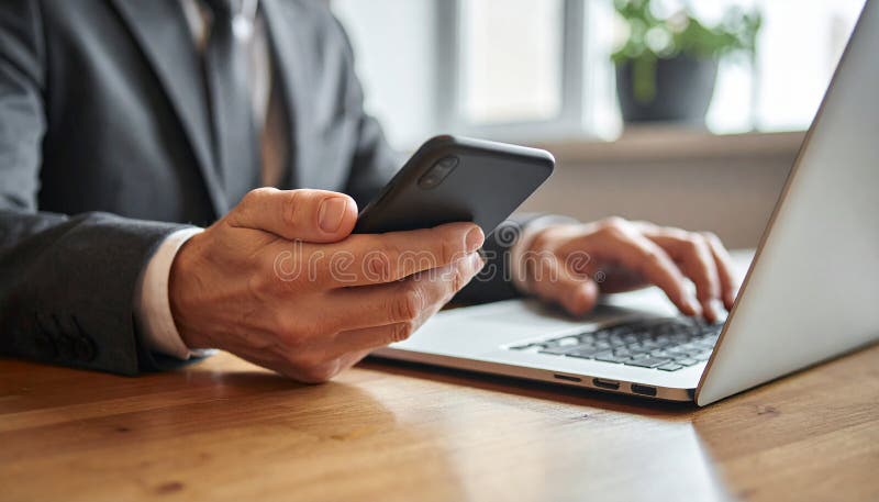 A businessman using a smartphone near a laptop in a wooden table interior, closed. vector illustration