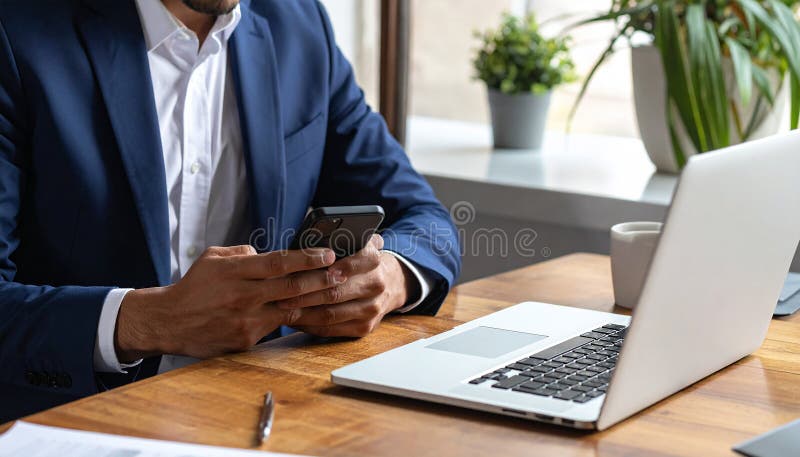 A businessman using a smartphone near a laptop in a wooden table interior, closed. vector illustration