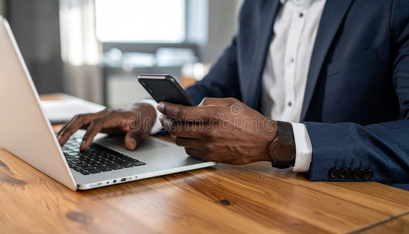 A businessman using a smartphone near a laptop in a wooden table interior, closed. stock illustration