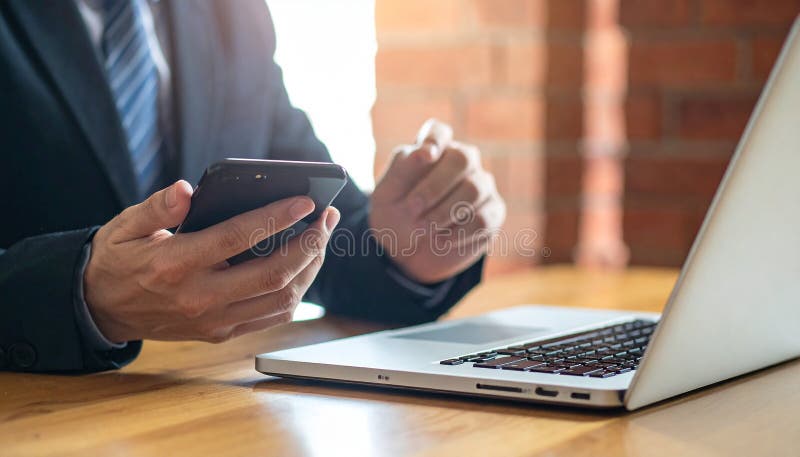 A businessman using a smartphone near a laptop in a wooden table interior, closed. royalty free illustration