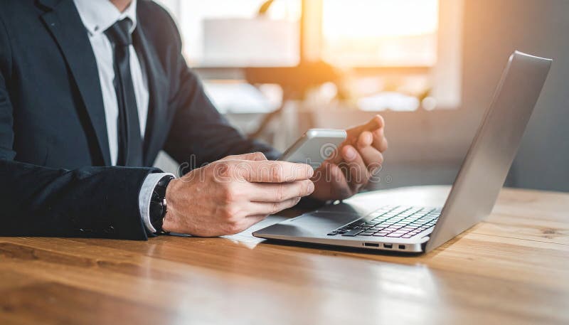 A businessman using a smartphone near a laptop in a wooden table interior, closed. stock illustration