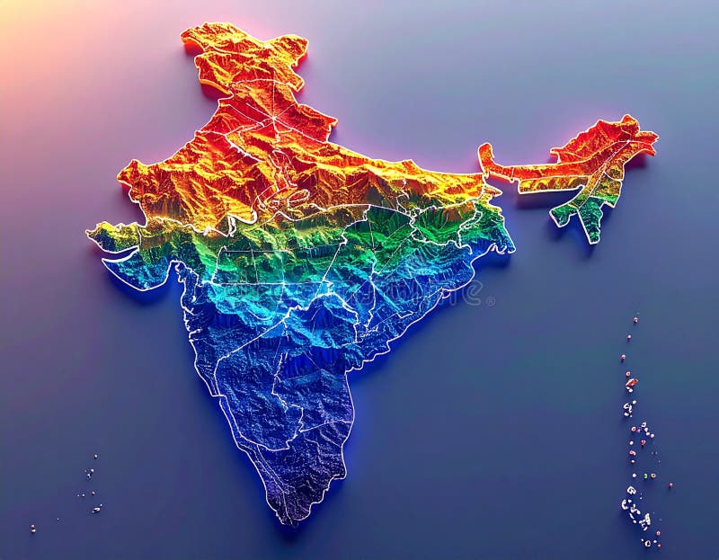 A vibrant 3D rendered relief map of India showcases its diverse topography with rainbow colored elevation gradients highlighting mountain ranges plains and coastlines National borders are clearly defined offering a unique and visually captivating perspective This image was generated with AI. High resolution 3d elevation map asia illustrations