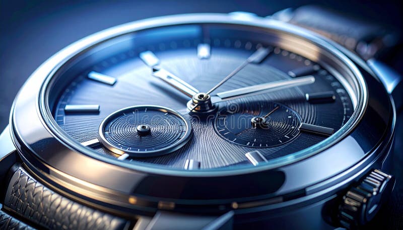 A close-up of a luxury wristwatch with a polished stainless steel case and a black leather strap. The watch face features a sleek, dark dial with metallic hour markers and an inset subdial for seconds. The hands are metallic and sharply defined, while the textured dial has a radial design emanating from the center. The watch bezel is smooth and shiny, complementing the overall sophisticated and elegant appearance. The lighting highlights the watch's detail and craftsmanship, emphasizing its high-end design. Dark textured dial illustrations