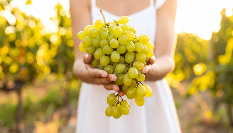 A person is holding a large cluster of ripe green grapes (Vitis vinifera). The grapes are illuminated by warm sunlight, creating a golden glow. The background is softly blurred, suggesting a vineyard setting. The person is dressed in a light-colored garment, with focus on their hand gently cradling the grapes. The bright light and lush grapes evoke a sense of early harvest season. Woman holding bunch of fresh ripe juicy grapes in vineyard, closeup. GENERATED IMAGE. Light cradling illustrations