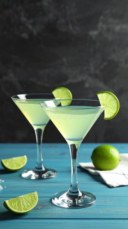 Glasses of Lime Drop Martini cocktail on light blue wooden table against dark background royalty free illustration