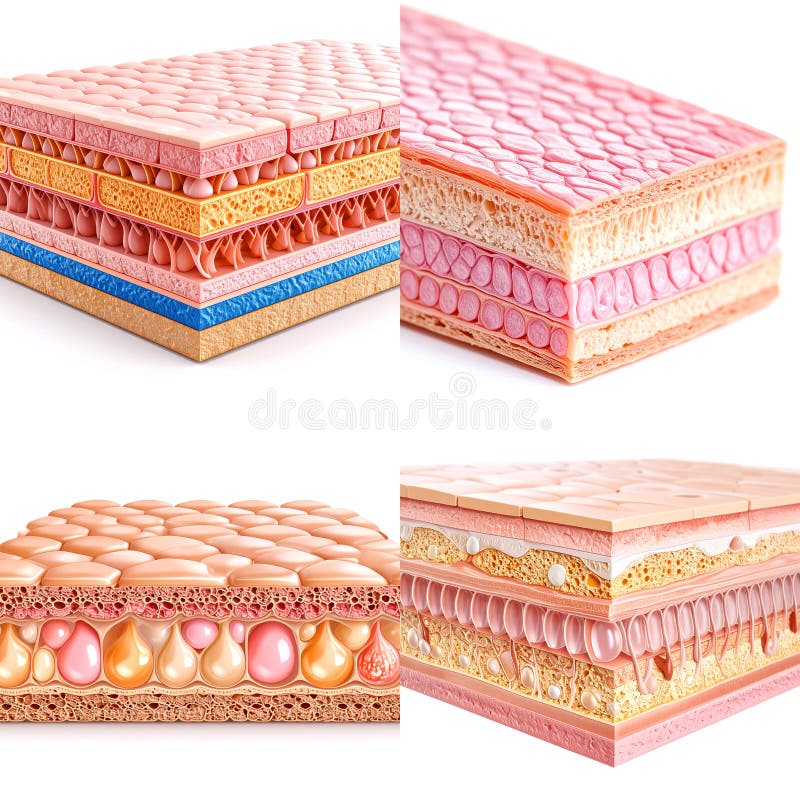 Cross-sectional diagrams of human skin, illustrating the layers and structures within. The images display the epidermis, dermis, and subcutaneous tissue, each with distinct textures and colors. The epidermis shows a layer of closely packed cells. The dermis includes structures like collagen fibers and glands, while the subcutaneous layer appears spongy. These images serve educational purposes, highlighting the complexity and functions of skin layers. Skin largest organ human illustrations