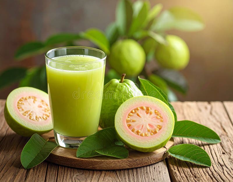 Guava juice and fresh fruit refreshment on a wooden table, close up stock illustration